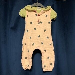 Rabbit and Bear Green Top with Cactus Pink Overalls